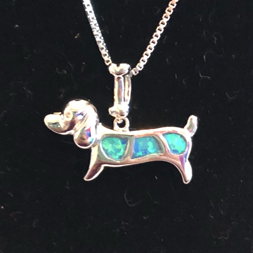 Dachshund Sterling Silver Blue Fire Opal Necklace